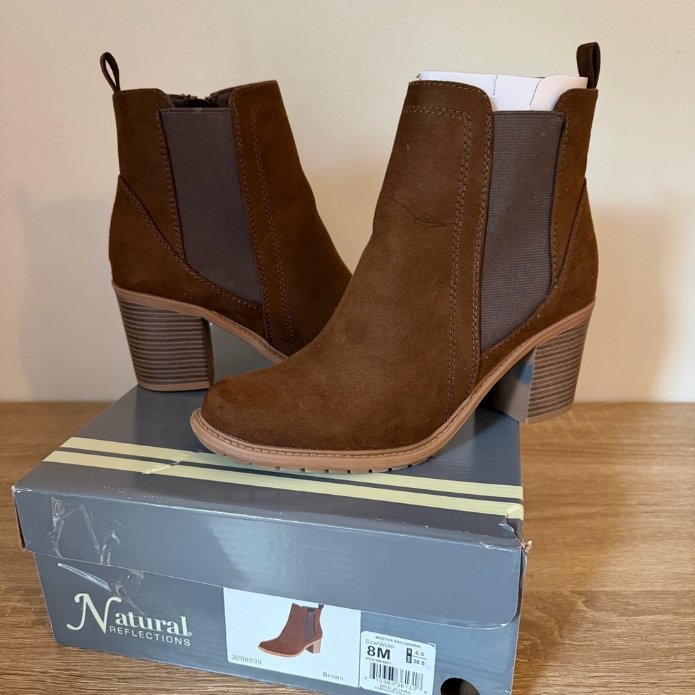 Natural Reflections Brown Suede Heeled Ankle Boots Women’s Size 8